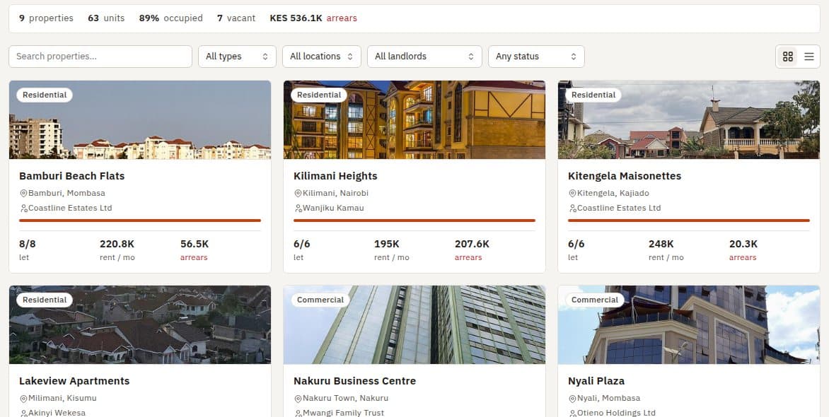 The portfolio: every building as a card with its occupancy, rent and arrears